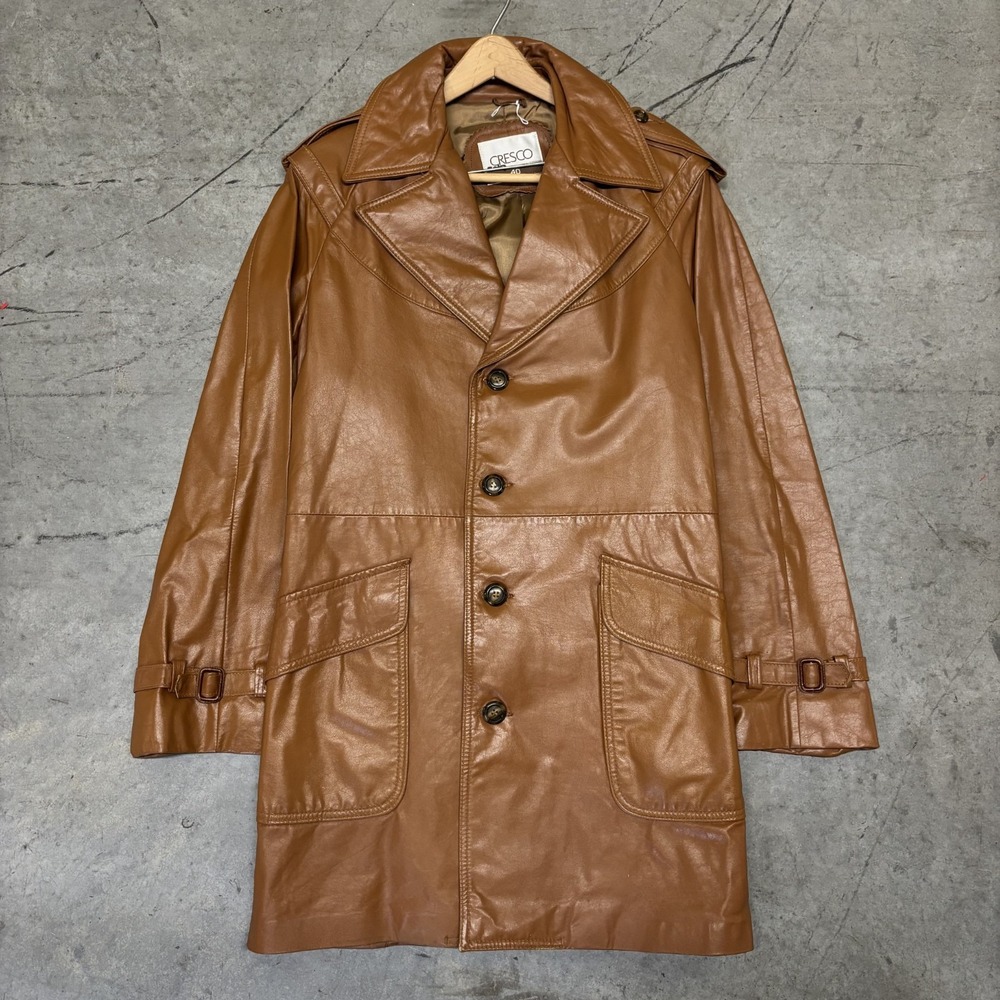 Vintage Cresco Leather Jacket Trench Car Coat Men's 40 Caramel Brown 70s